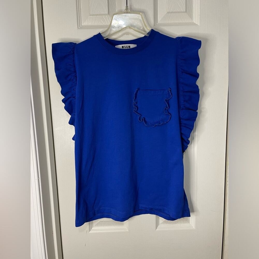 MSGM Milano Blue Ruffle Pocket Flounce Sleeve feminine Cotton T-shirt Medium